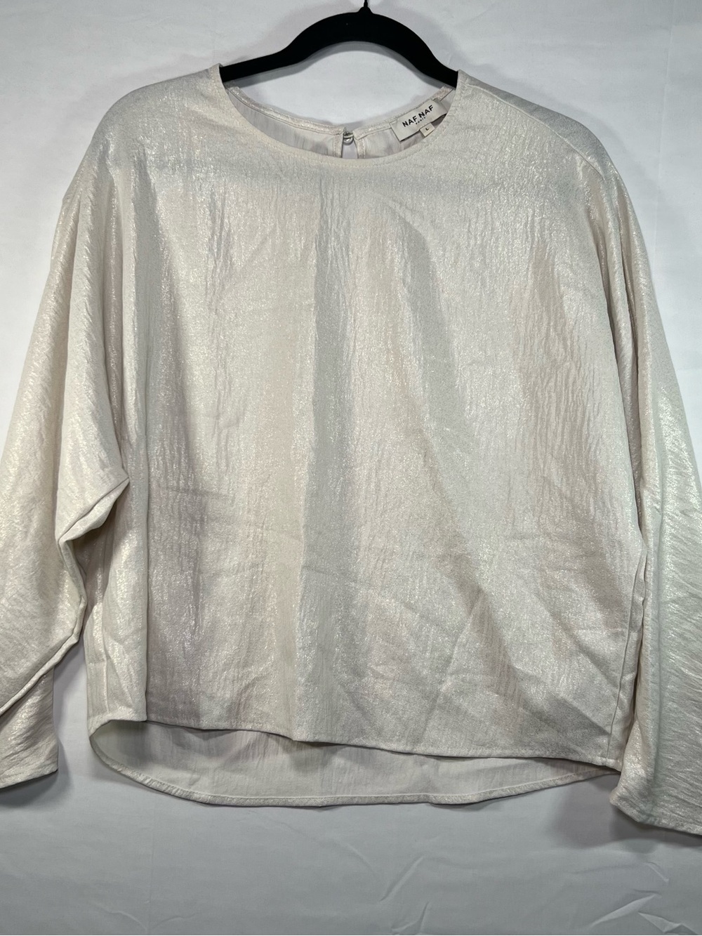 NAF NAF Paris Metallic Ivory Shimmer Blouse Size L Wide Sleeve Top